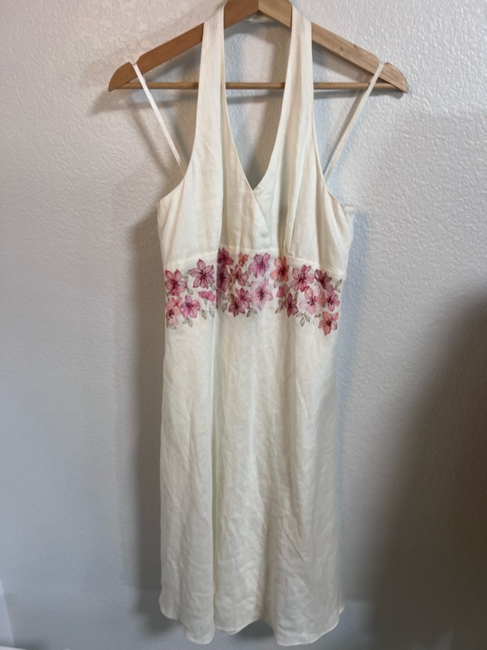 Ann Taylor Women’s Linen Halter Dress Pink Floral Embroidery Empire Waist Midi - Picture 15 of 16